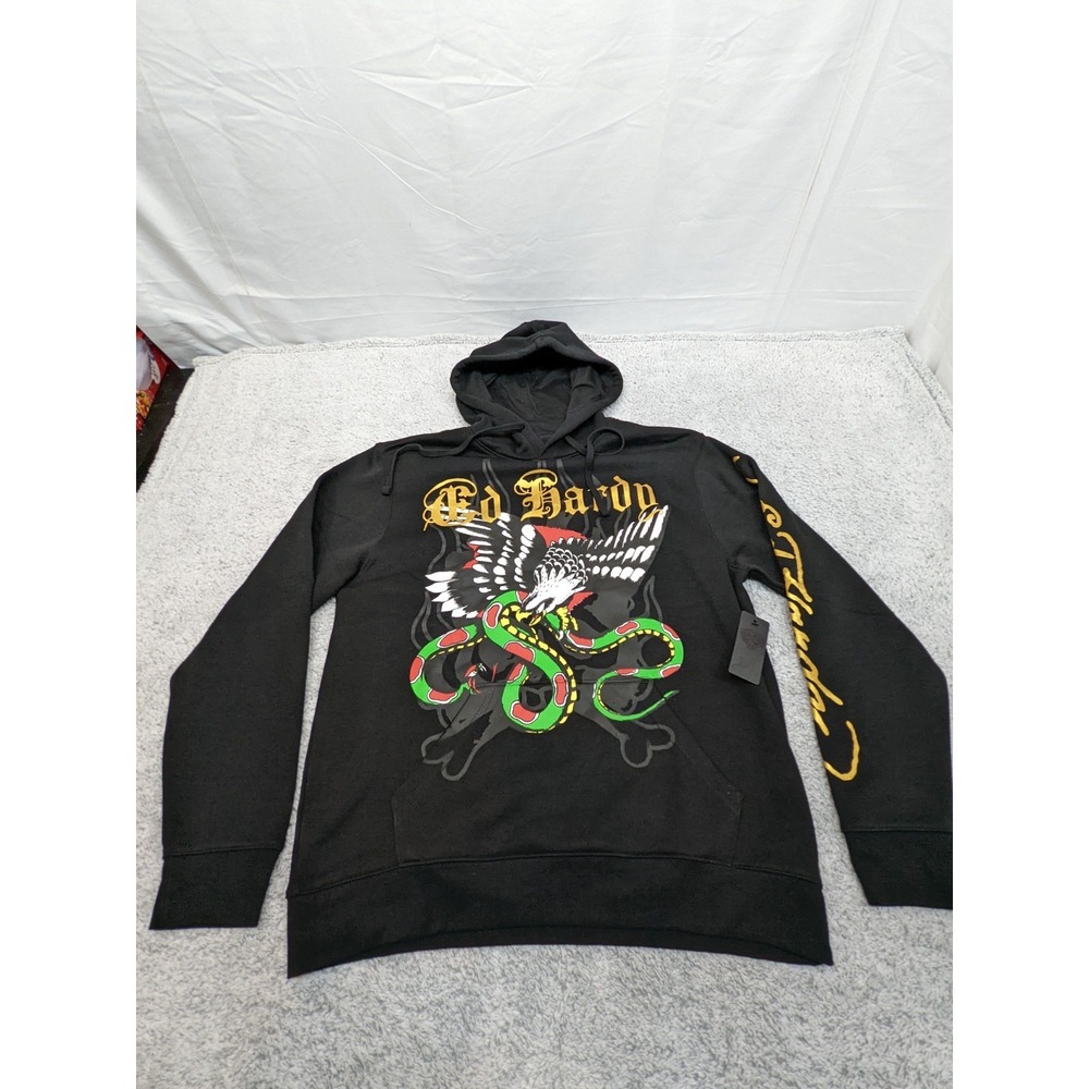 NWT Ed‎ Hardy Men's Battle Eagle Snake Black Pullover Hoodie Sweatshirt Large